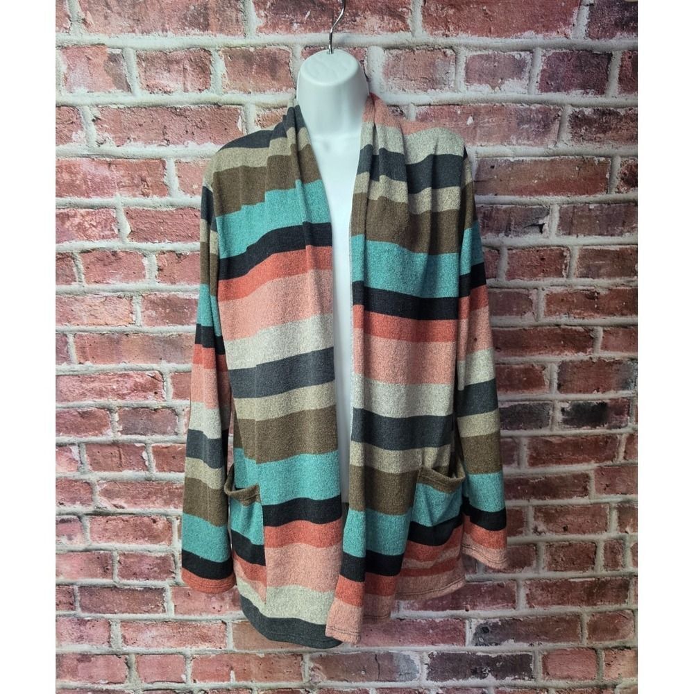 Women's EGY CALIFORNIA Multicolor Striped Elbow Patch Open Front Cardigan Medium
